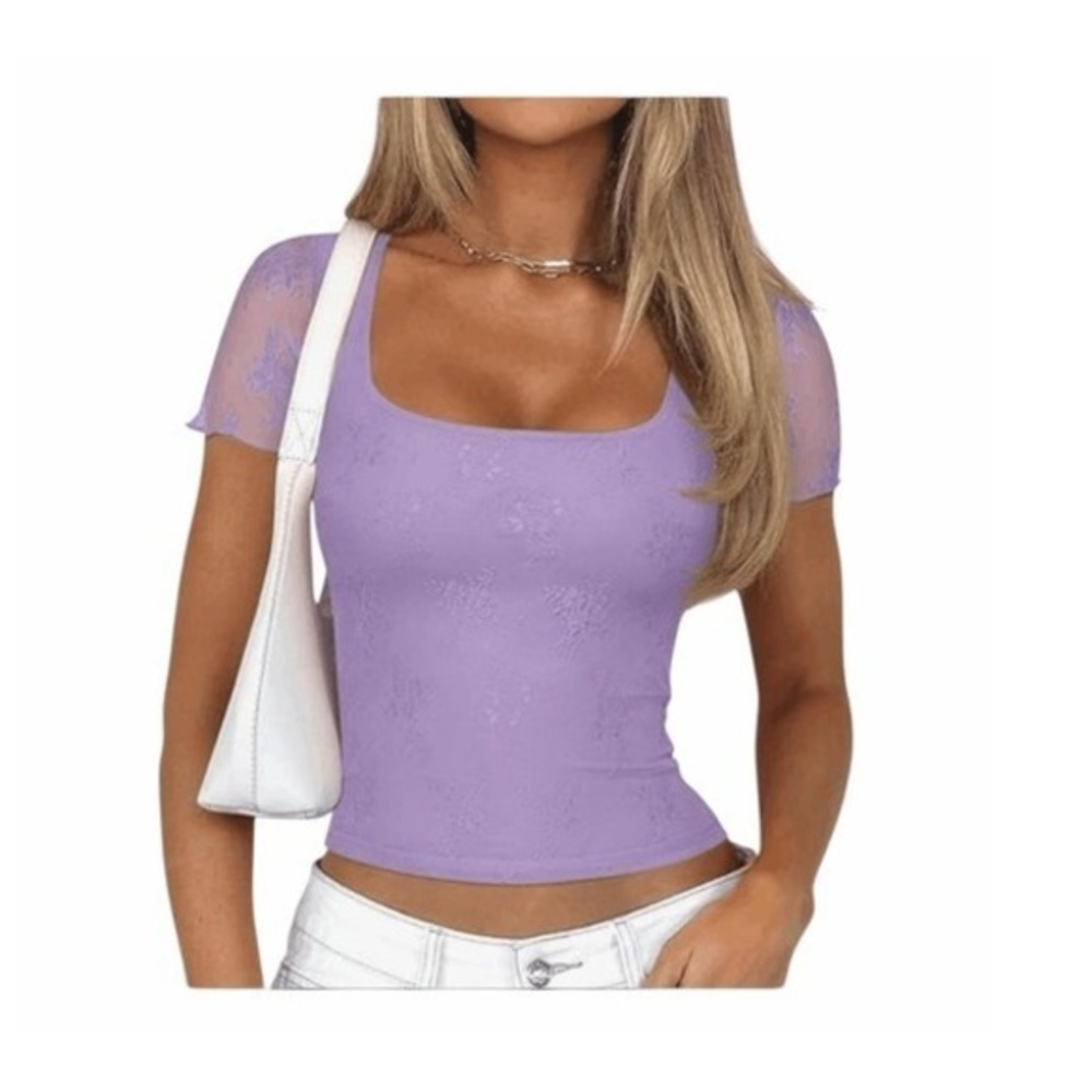 PinkMStyle‎ Lace Square Neck Short Sleeve Top Lilac Purple Stretch M